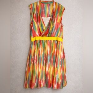 PORTS 1961 100% Silk Watercolor Print Dress Yellow Waistband Sz 10